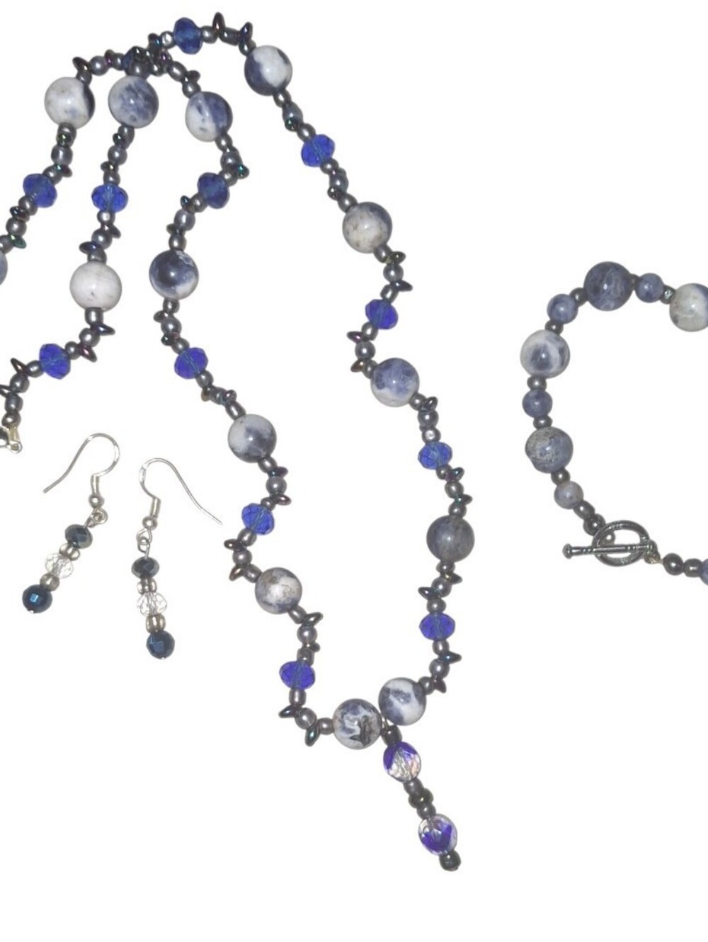 Gemstone & Crystal Handmade Blue and Gray Bead Necklace & Earring & bracelet